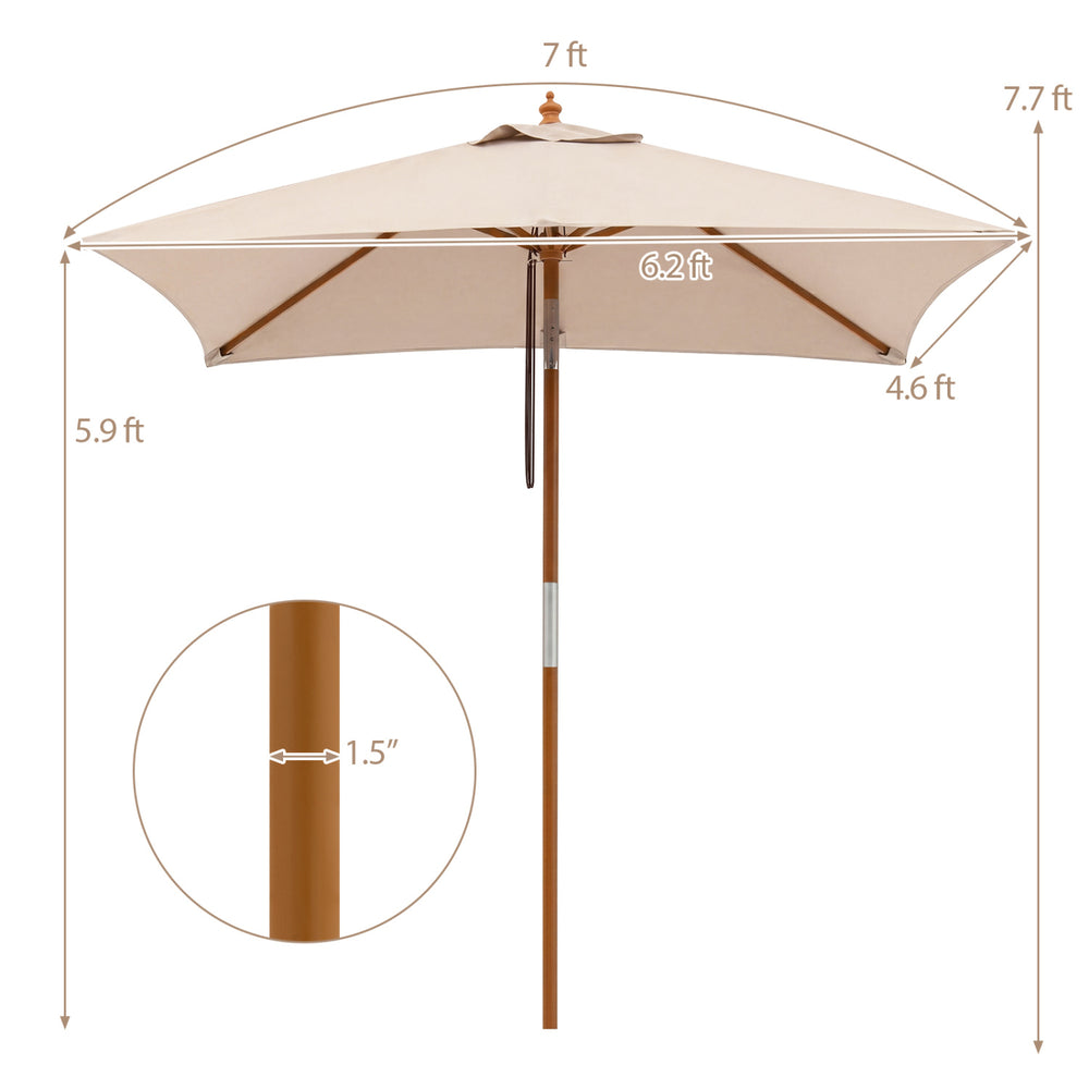 Beige 7-foot outdoor rectangular patio umbrella features a sturdy wooden pole and adjustable heights for versatile shade.