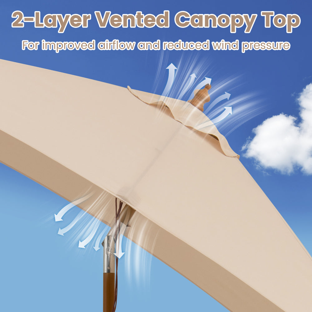 2-layer vented canopy top of the 7 feet outdoor rectangular patio umbrella enhances airflow and reduces wind pressure.