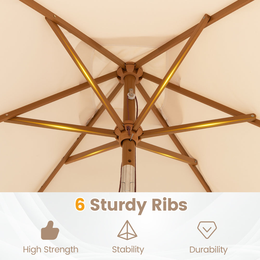 The underside view of the 7 feet beige patio umbrella showcases its 6 sturdy ribs for enhanced stability and durability.