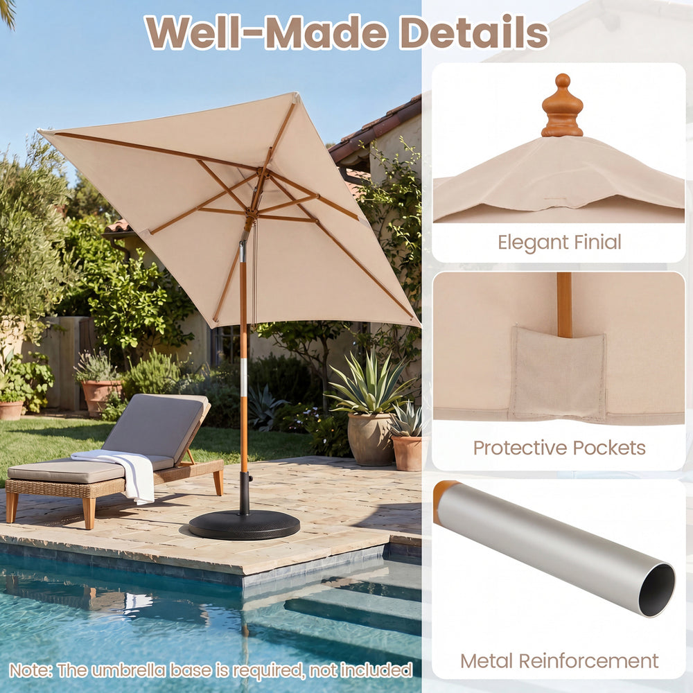 Beige 7 feet outdoor rectangular patio umbrella features a sturdy wooden pole, adjustable height, and protective rib pockets.