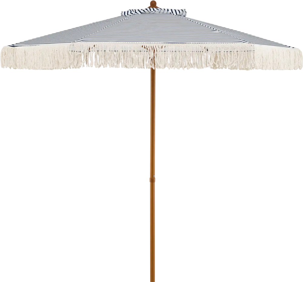 7 feet patio umbrella with blue stripes and fringe, featuring a sturdy aluminum pole and boho tassels for stylish shade.
