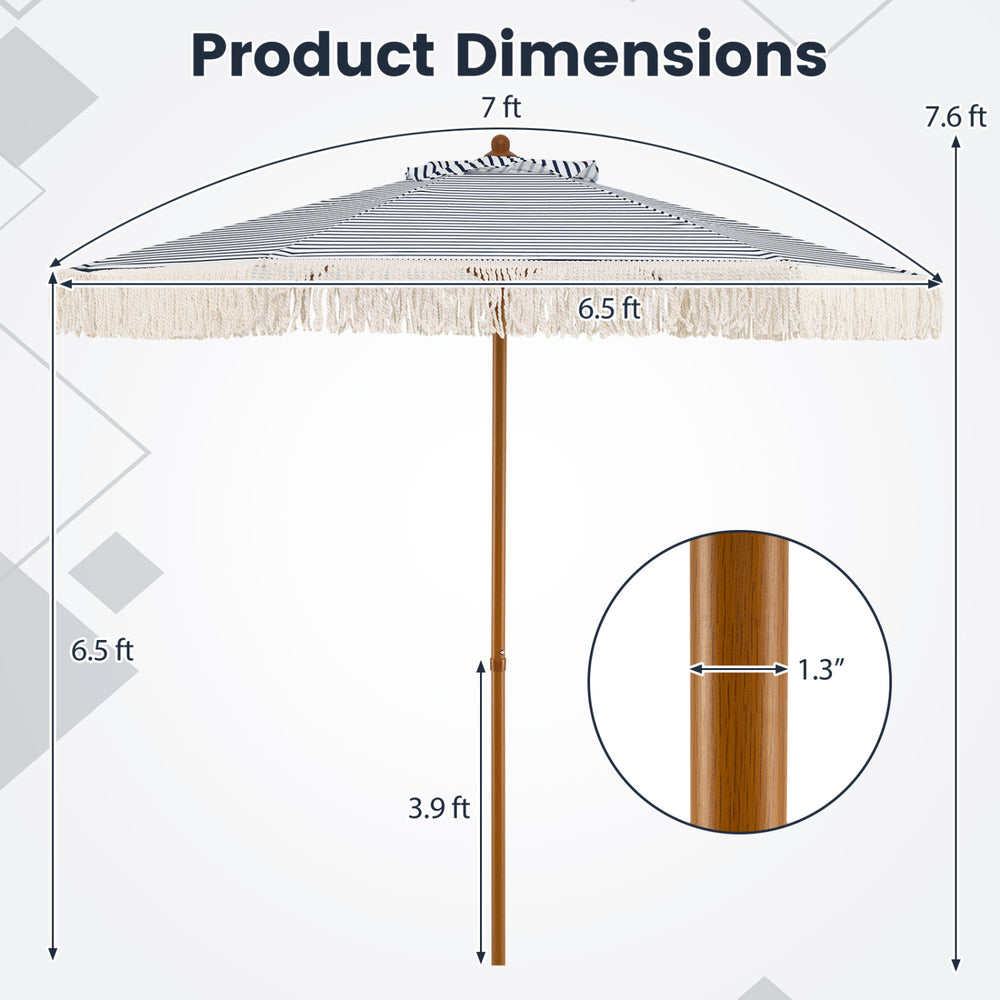 7 feet patio umbrella with fringe, blue striped canopy, lightweight aluminum pole, ideal for beach or outdoor use.