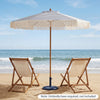 7-foot blue patio umbrella with fringe and tassels, featuring a sturdy aluminum pole, perfect for beach relaxation.