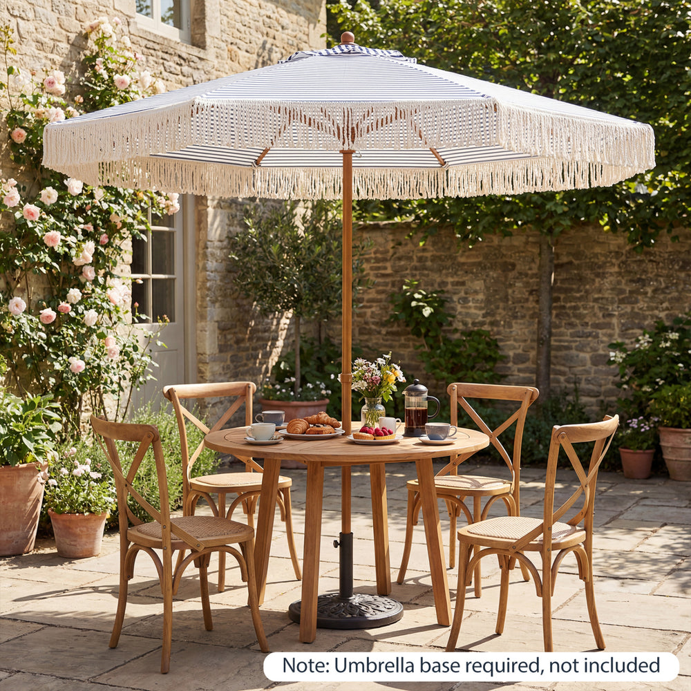 7 feet patio umbrella with fringe and boho tassels, featuring a sturdy aluminum pole for outdoor gatherings.