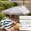 7 feet patio umbrella with blue stripes and fringe, made of 230G polyester for sun protection and durability.