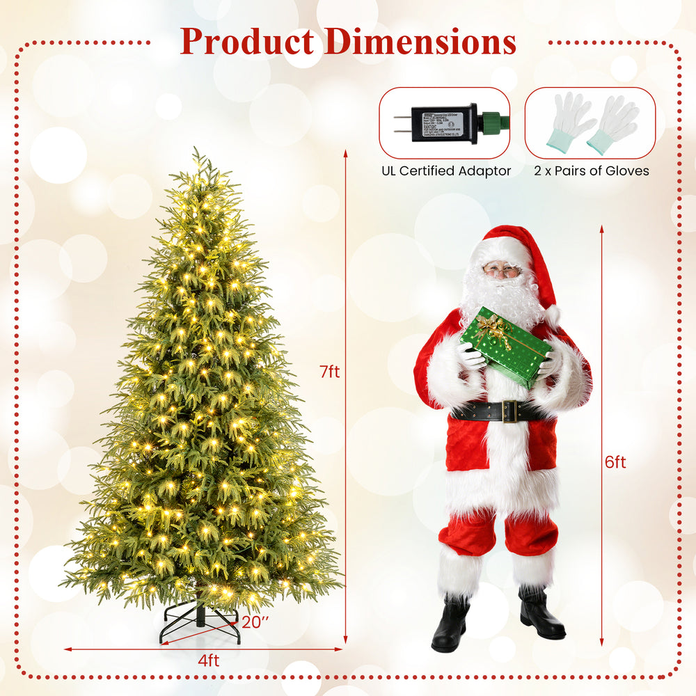 7-foot pre-lit artificial Christmas tree with soft branch tips, featuring warm white LED lights for festive decoration.