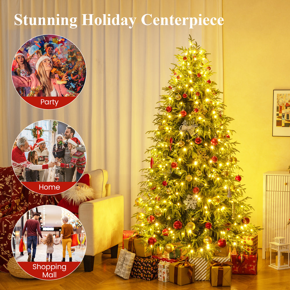 7-foot pre-lit artificial Christmas tree with soft branch tips, ideal for festive home decoration and holiday.