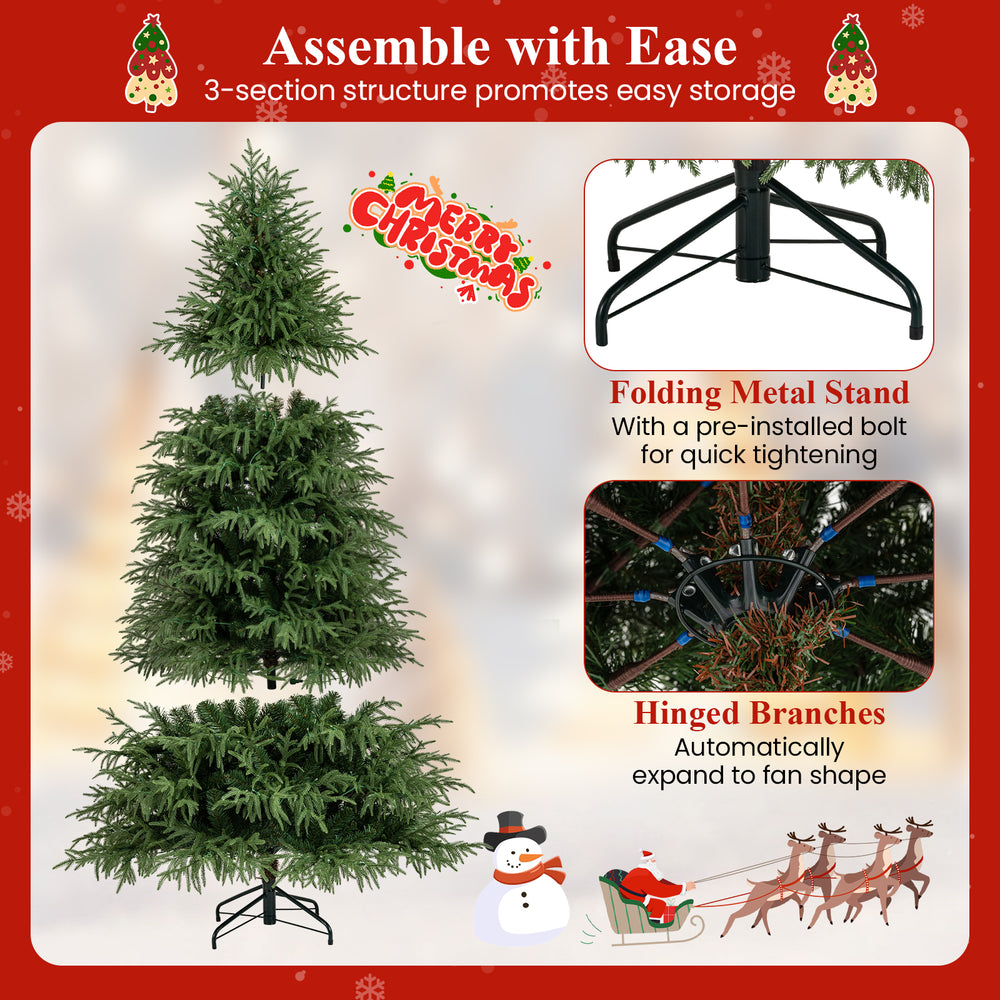 7-foot pre-lit artificial Christmas tree with hinged branches, featuring soft tips and 400 warm white LED lights for.