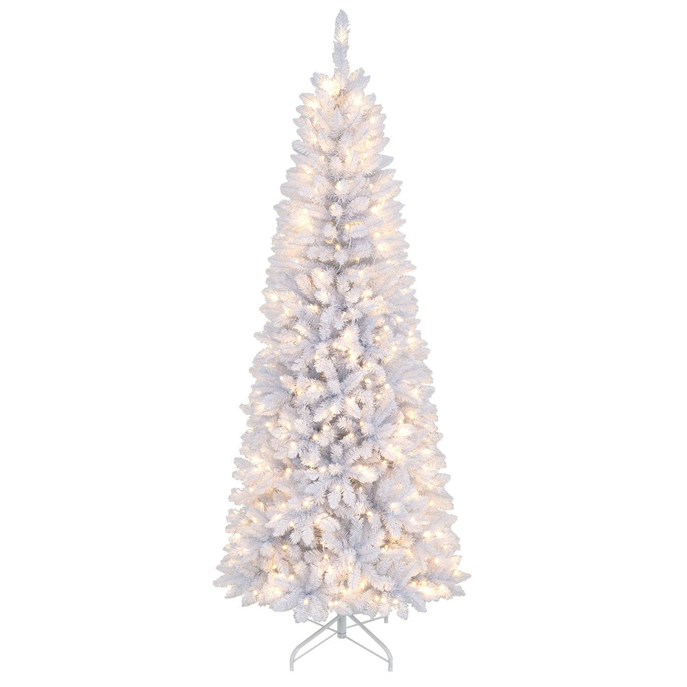 Pre-lit 7-foot white pencil Christmas tree with 300 LED lights and 8 lighting modes, perfect for small spaces.