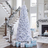 Slim 7-foot pre-lit white pencil Christmas tree with 300 LED lights and 8 flash modes, perfect for festive decor.