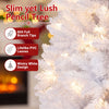 Slim 7-foot pre-lit pencil Christmas tree with 800 PVC branch tips and 300 warm white LED lights for festive ambiance.