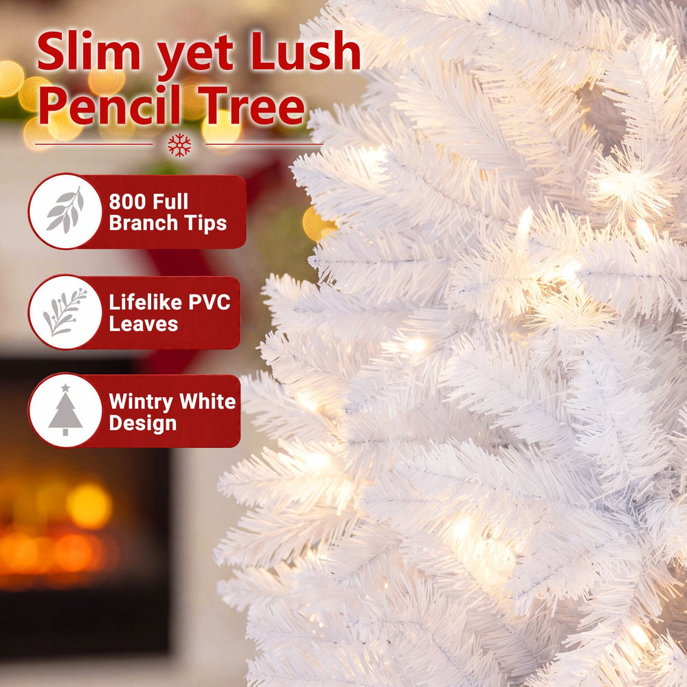 Slim 7-foot pre-lit pencil Christmas tree with 800 PVC branch tips and 300 warm white LED lights for festive ambiance.