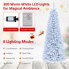 7 feet pre-lit hinged pencil Christmas tree in white with 300 warm white LED lights and 8 lighting modes for festive ambiance.