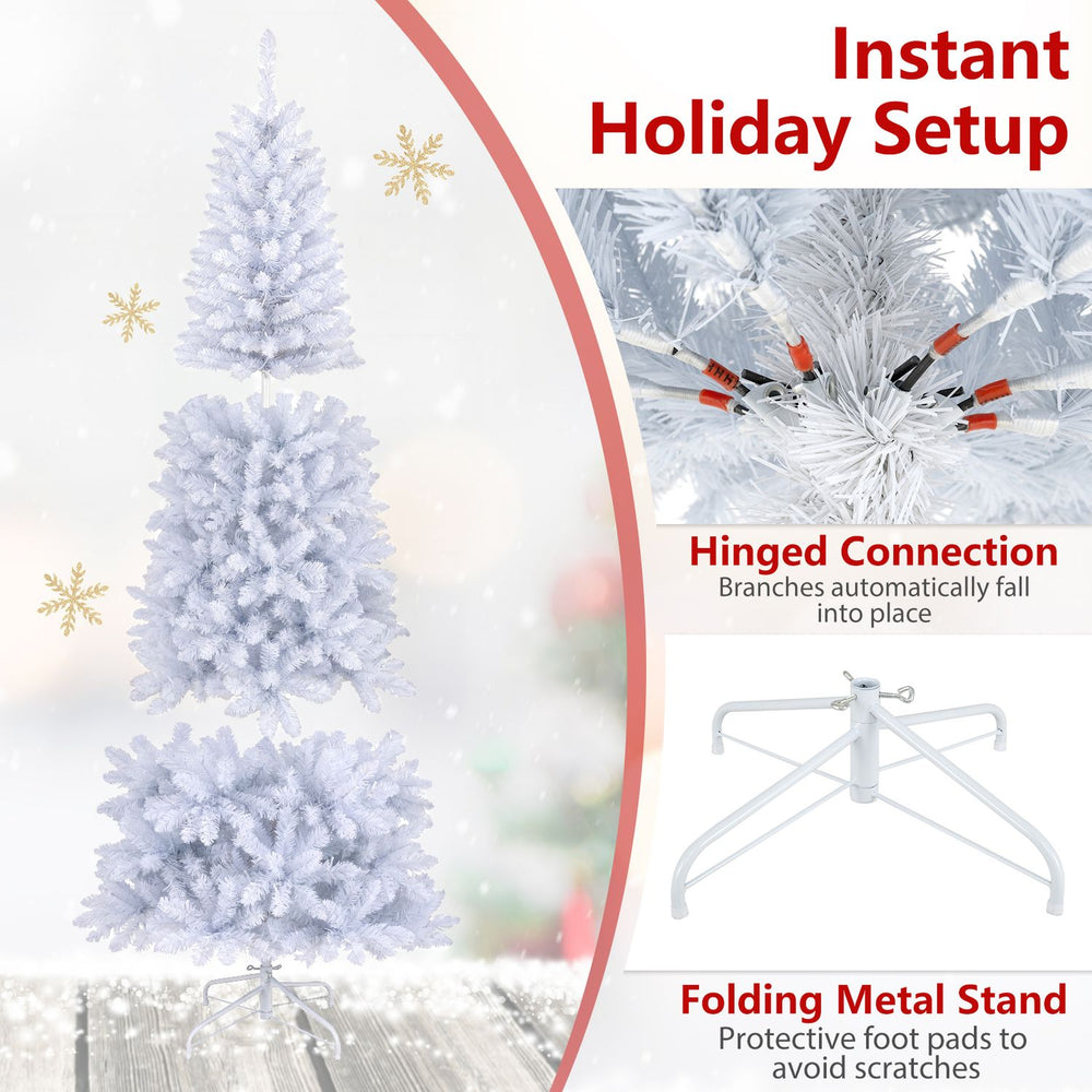7-foot pre-lit white pencil Christmas tree with 300 LED lights and hinged connection for easy setup and festive ambiance.