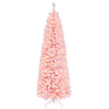 Slim 7-foot pre-lit pink pencil Christmas tree with 300 warm white lights and 8 lighting modes for festive decor.