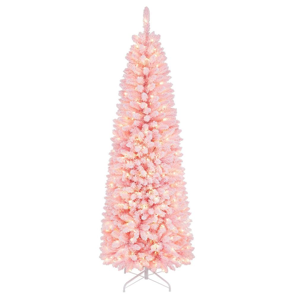 Slim 7-foot pre-lit pink pencil Christmas tree with 300 warm white lights and 8 lighting modes for festive decor.