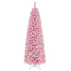 Slim 7-foot pink pre-lit snow flocked pencil Christmas tree with 300 warm white LED lights and 8 lighting modes.