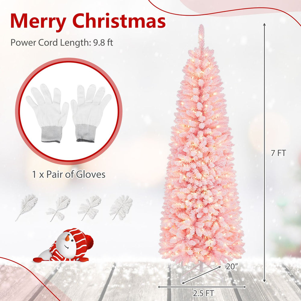 7-foot pre-lit snow flocked pencil Christmas tree with 300 warm white lights, perfect for small corners and festive decor.