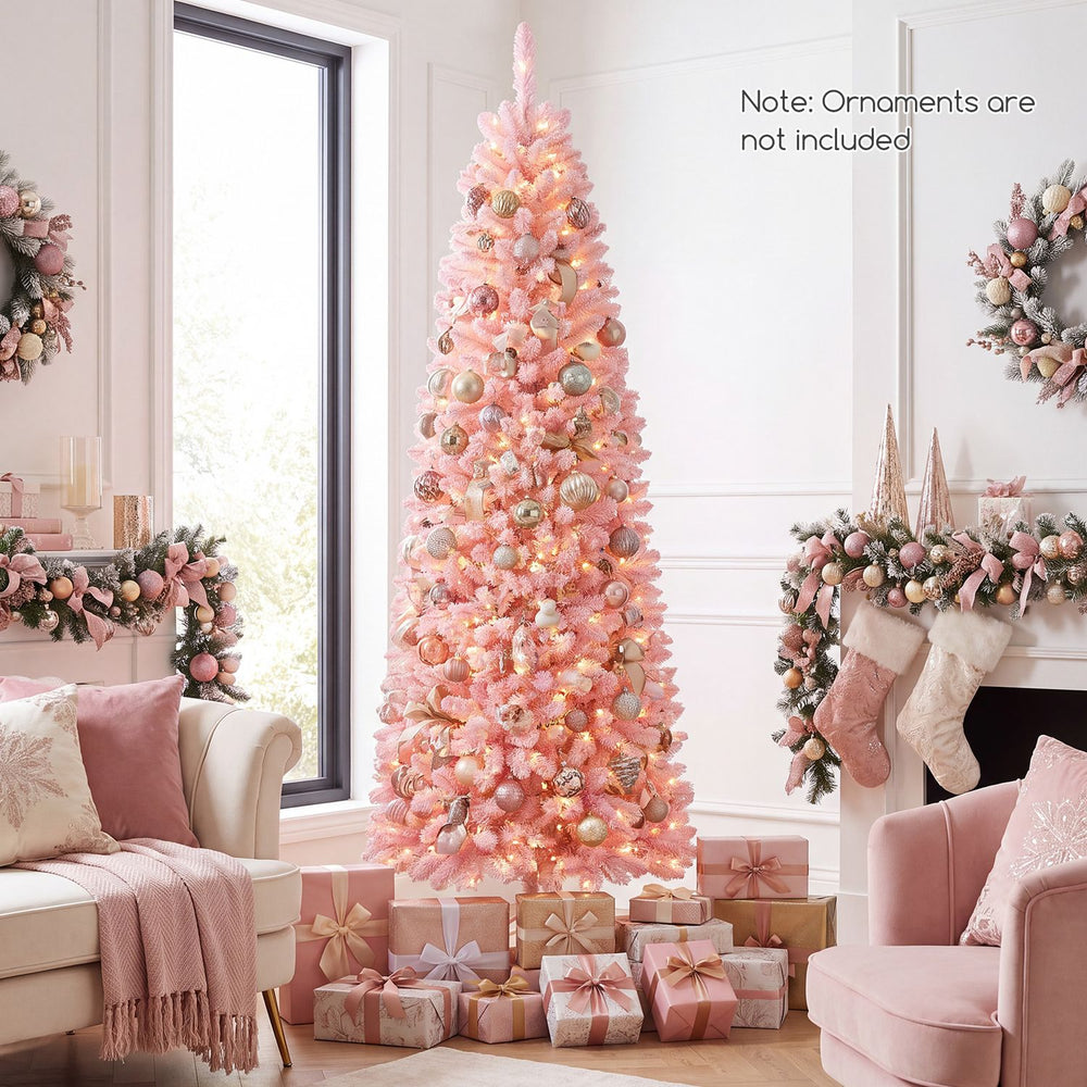 Slim 7 feet pre-lit snow flocked pencil Christmas tree with 300 warm white lights, perfect for small corners.