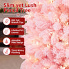 Slim 7-foot pre-lit pencil Christmas tree with 800 branch tips, 300 warm white lights, and thick pink snow flocking.