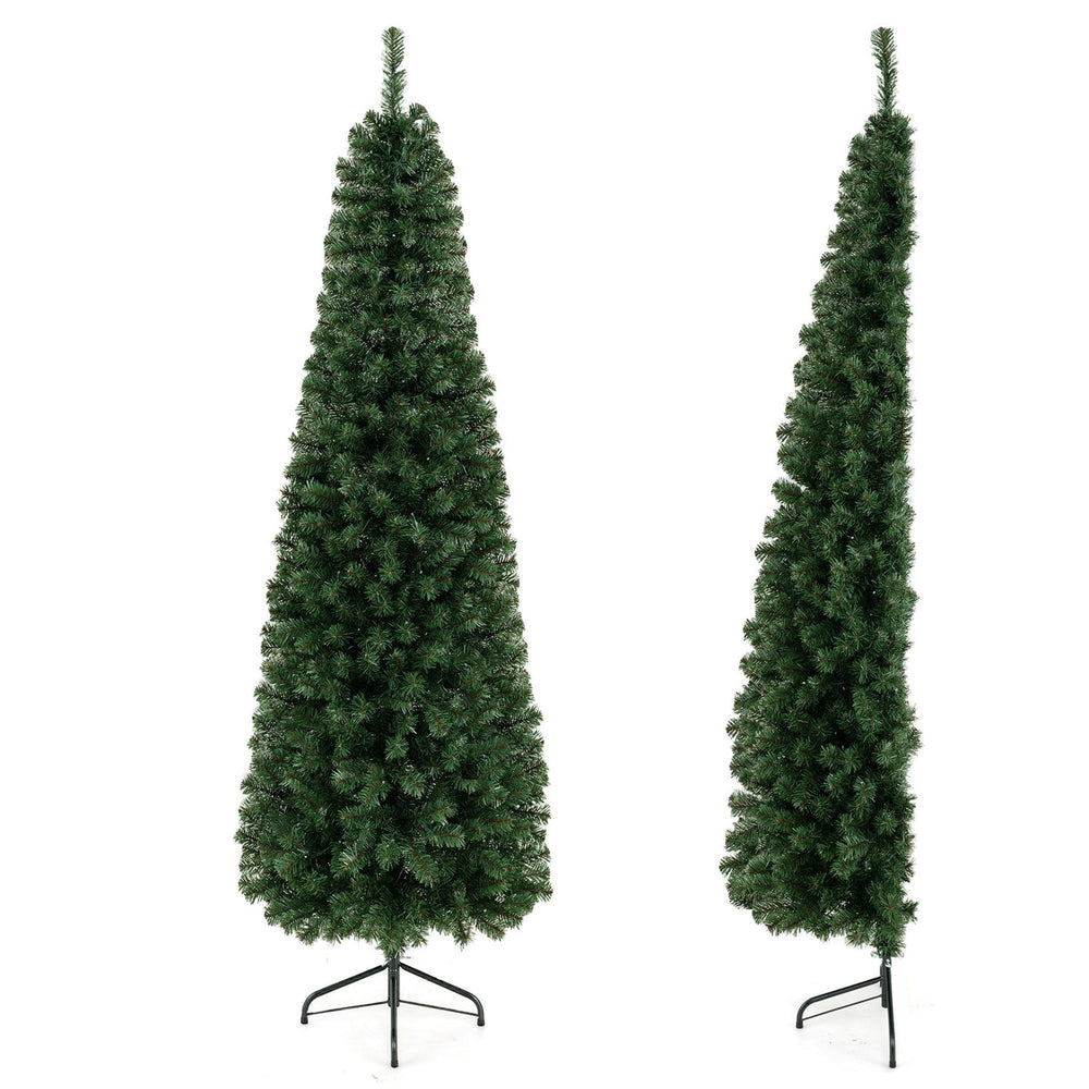 Prelit 7-foot half Christmas tree with 150 LED lights and 8 lighting modes, perfect for small space decoration.