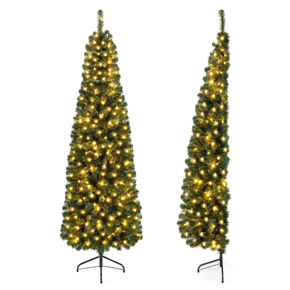 Prelit 7 feet half-shape Christmas tree with 150 LED lights and 8 lighting modes, perfect for small space decoration.