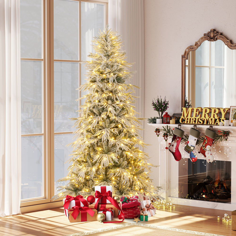 7 Feet Snow-flocked Artificial Christmas Tree Pre-lit Hinged Xmas Tree with Warm White LED Lights - Gallery View 1 of 10
