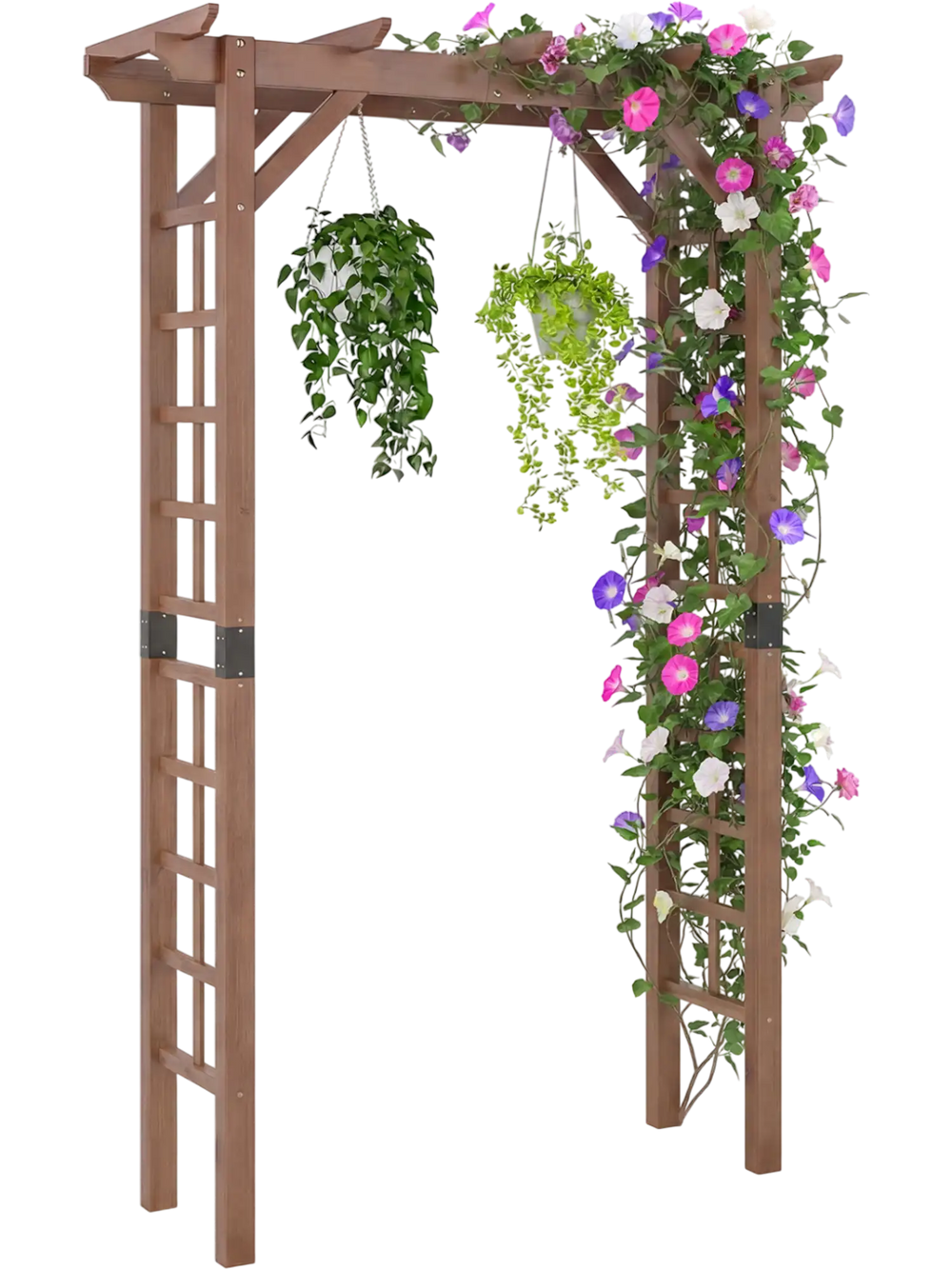 Wooden garden arch trellis in rustic brown, perfect for climbing plants and decorative hanging items in outdoor spaces.