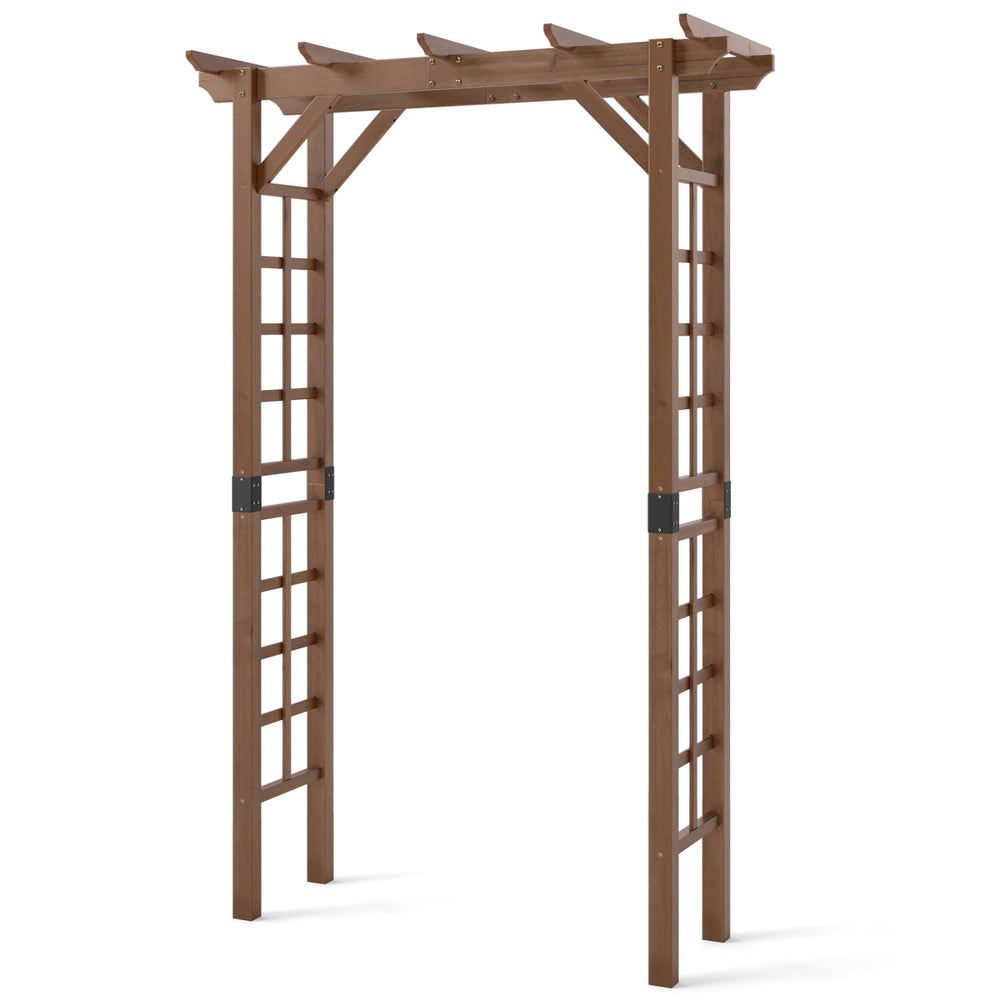Rustic brown 7 ft wooden garden arch arbor with trellises, ideal for climbing plants and outdoor decor.
