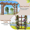 Wooden garden arch trellis in rustic brown, featuring a wide top roof for hanging plants and side climbing support.