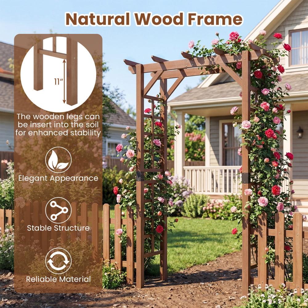Wooden garden arch trellis in rustic brown, made of fir wood, ideal for climbing plants and outdoor decoration.