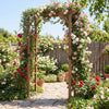 Wooden garden arch trellis in rustic brown, supporting climbing plants, ideal for outdoor decor and entryways.
