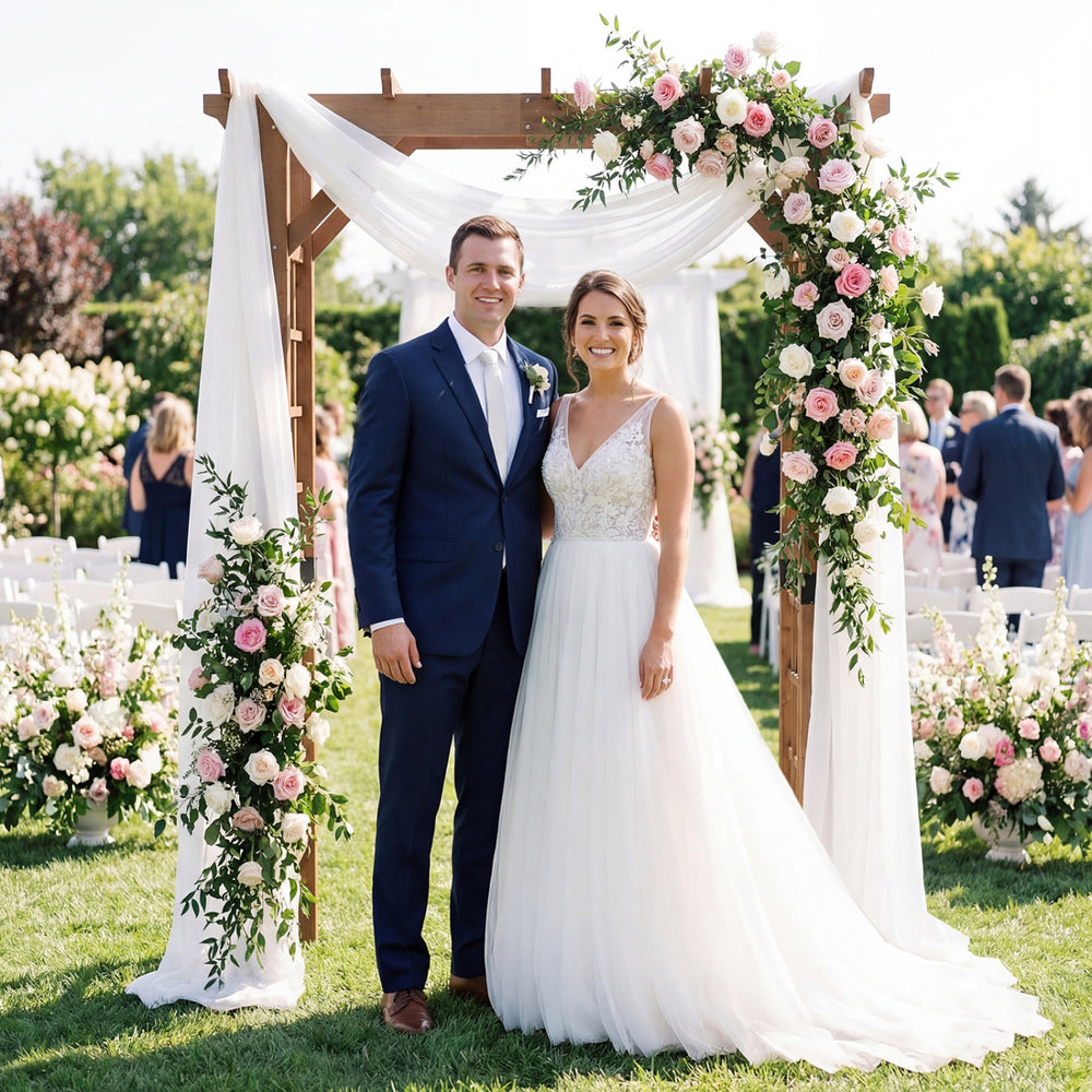 Wooden garden arch arbor in rustic brown, perfect for climbing plants and wedding entries, featuring elegant grid.