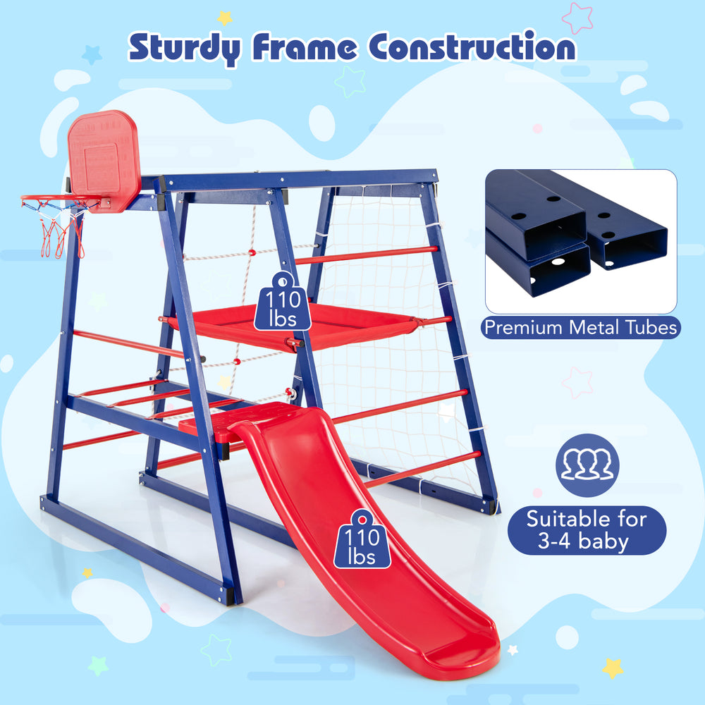 7-in-1 metal toddler climbing toy with slide and basketball hoop, suitable for 3-7 years, promotes active play and.