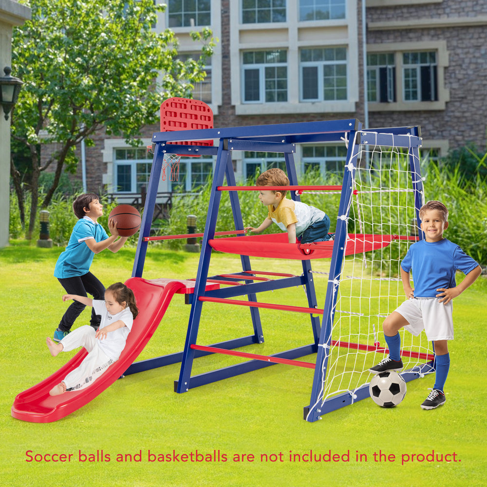 7-in-1 metal toddler climbing toys featuring a slide, climbing net, and basketball hoop for active play and social.