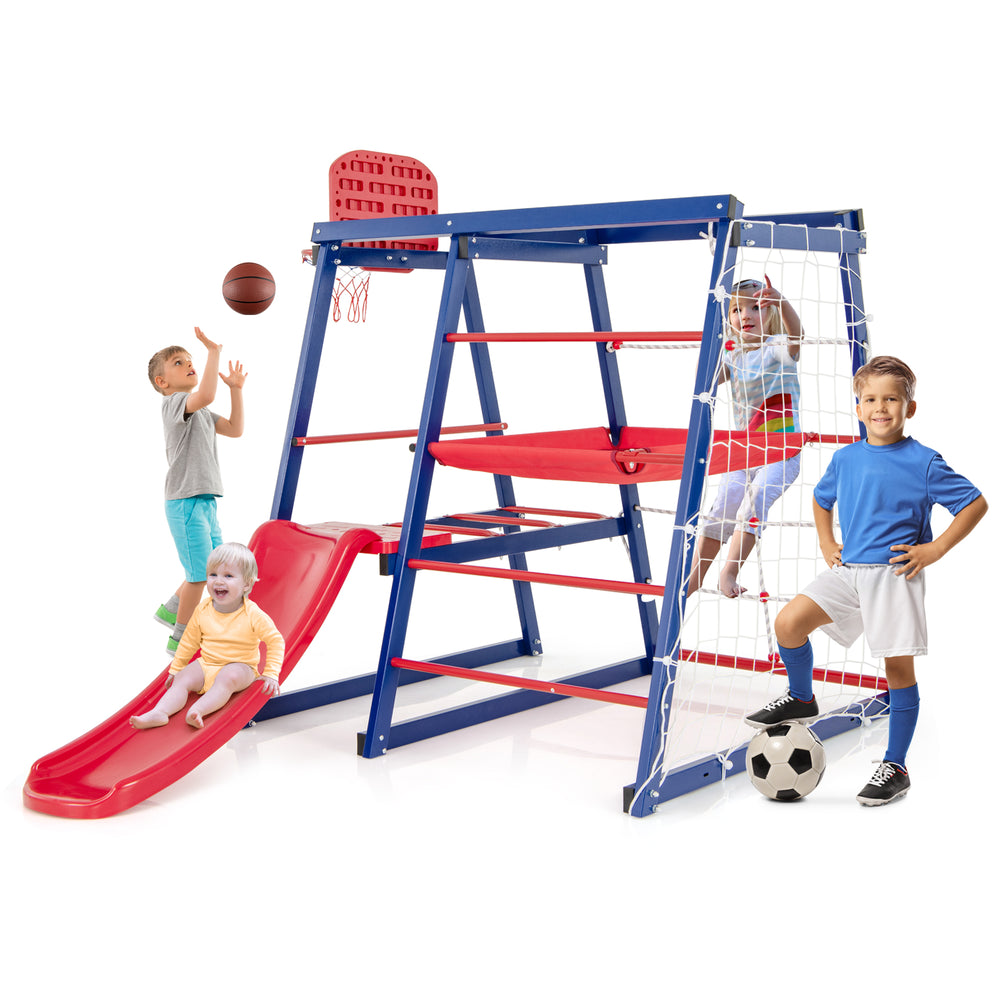 7-in-1 metal toddler climbing toy set with slide, climbing net, and basketball hoop for active play and social.