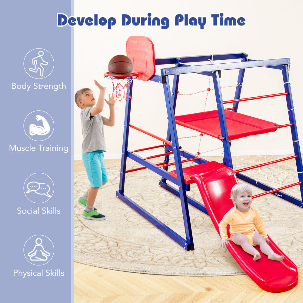 7-in-1 metal toddler climbing toy with slide and basketball hoop, promoting physical skills and social development for.