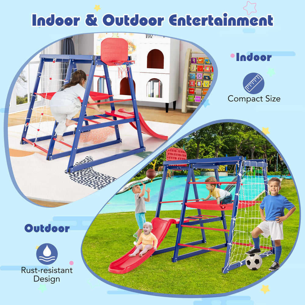 7-in-1 metal toddler climbing toy set for ages 3-7, featuring indoor and outdoor play options with safety design.