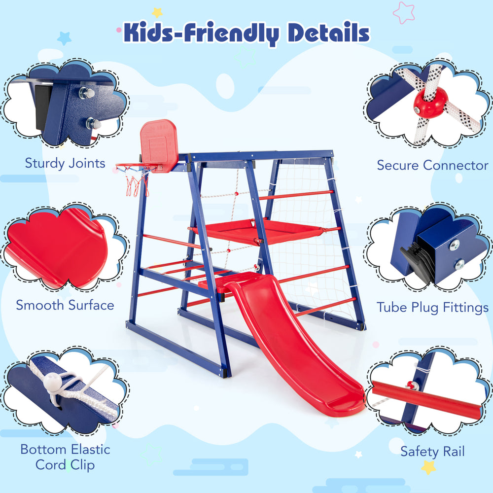 7-in-1 metal toddler climbing toy with slide, sturdy joints, and safety rail for kids aged 3-7, promoting active play.
