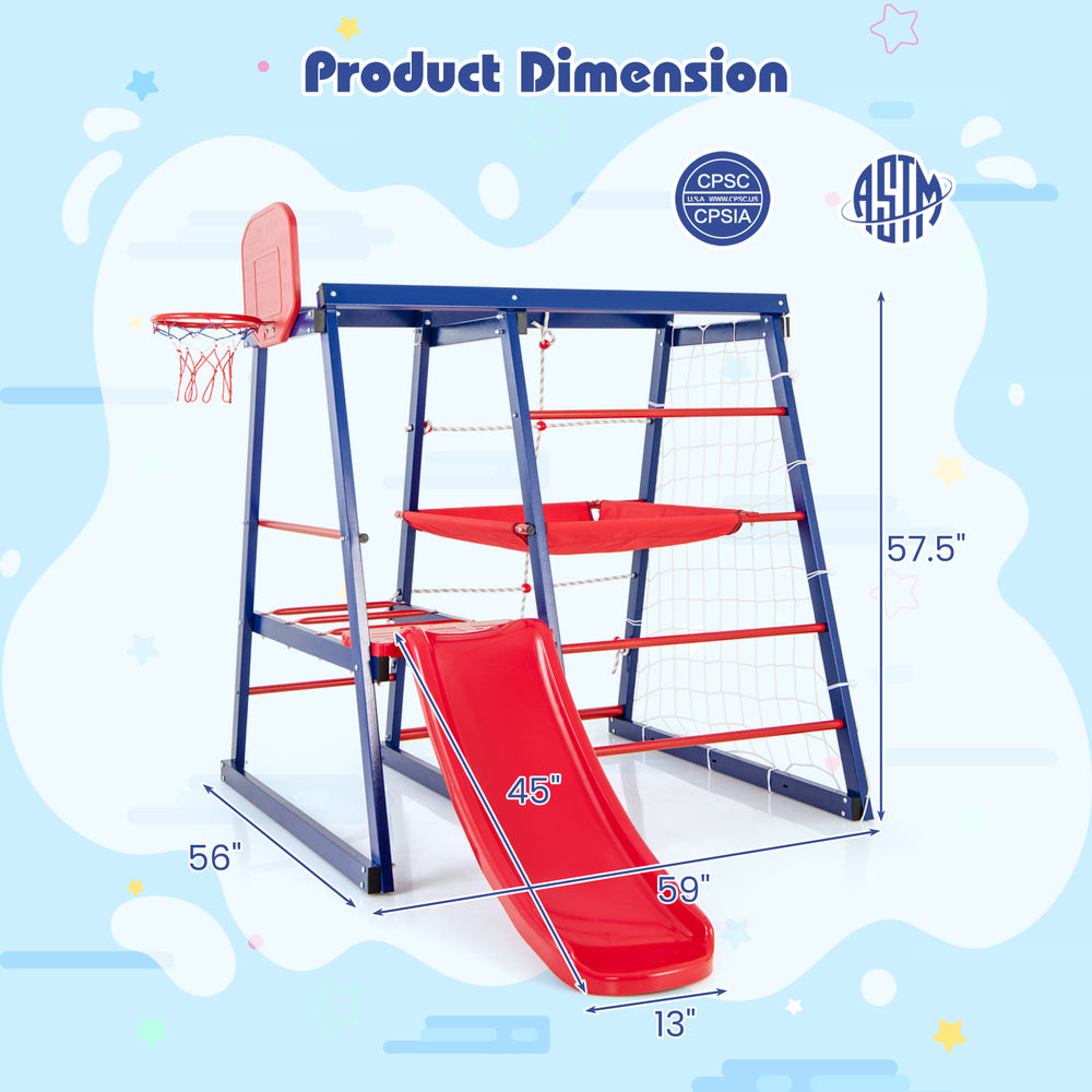 7-in-1 metal toddler climbing toy with slide, basketball hoop, and climbing features for kids aged 3-7 years.