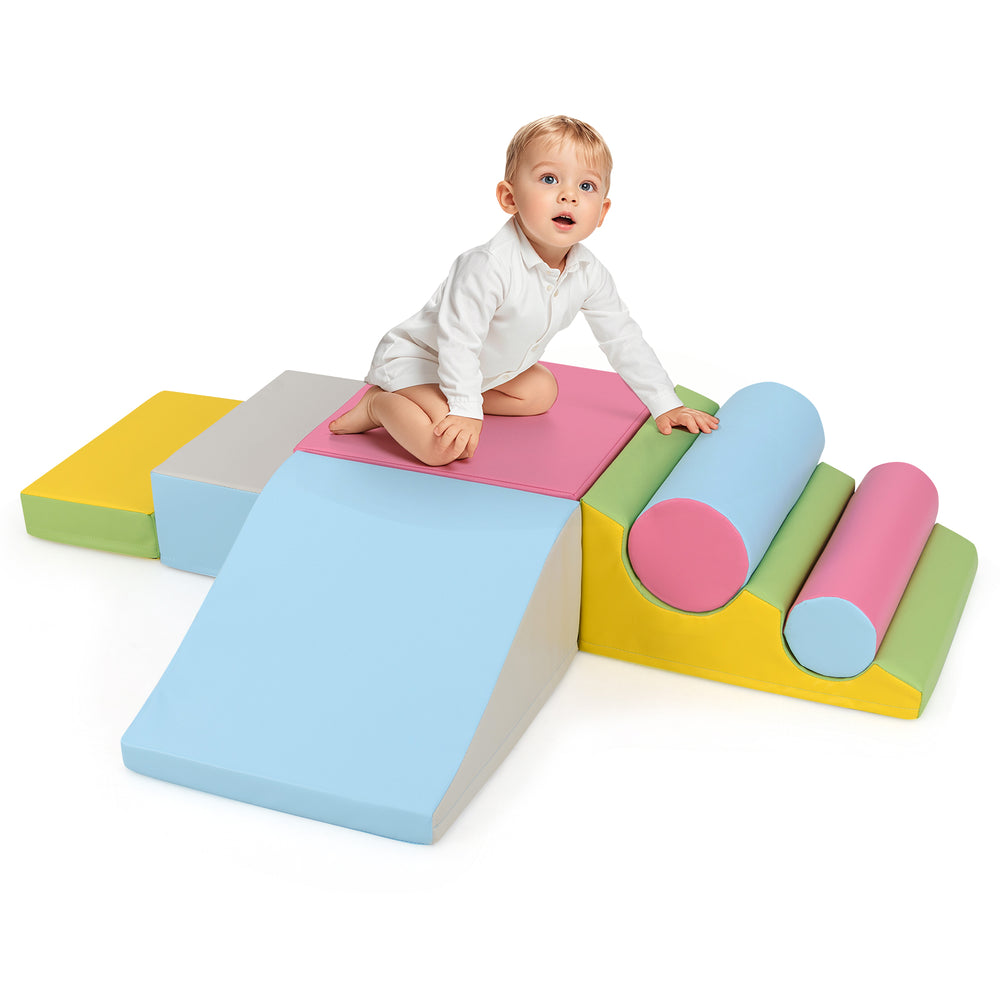 Colorful 7-piece foam climbing blocks for toddlers, designed for safe indoor play and motor skill development.