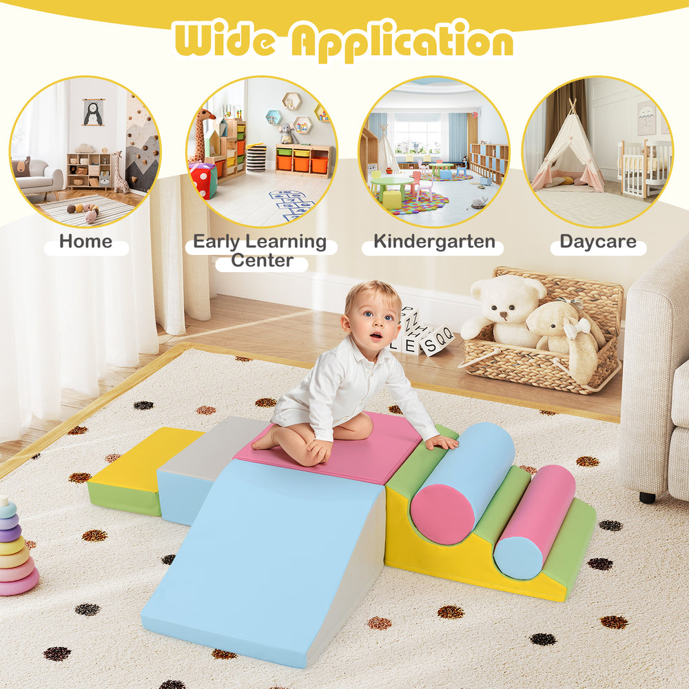 Colorful 7-piece foam climbing blocks for toddlers, promoting motor skills and safe indoor play in various settings.