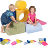 Colorful 7-piece foam climbing blocks with detachable covers, perfect for toddlers' imaginative play in playrooms.