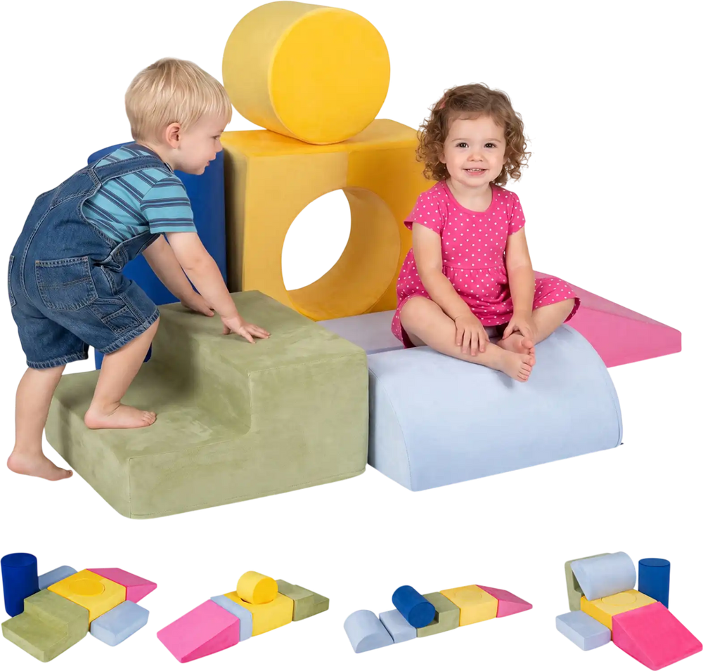 Colorful 7-piece foam climbing blocks with detachable covers, perfect for toddlers' imaginative play in playrooms.