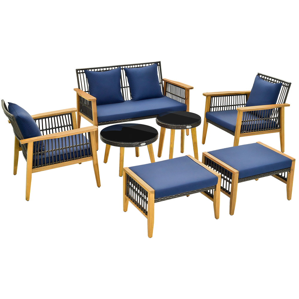7-piece outdoor conversation set featuring acacia wood frame, navy cushions, and double round side tables for backyard.