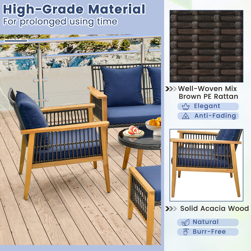 Brown PE rattan armchair with solid acacia wood frame and navy cushions, perfect for outdoor relaxation and comfort.