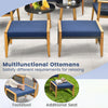 Multifunctional ottomans with navy cushions, made of acacia wood, serve as footstools or additional seats for outdoor.