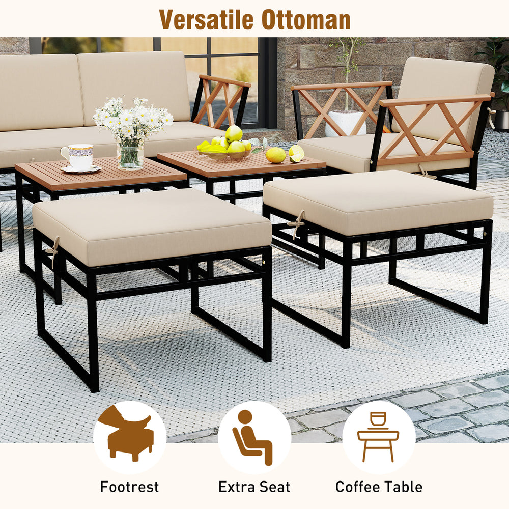 Versatile ottomans in beige with bungee rope, serving as footrests, extra seats, or coffee tables for outdoor spaces.