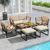 7-piece outdoor conversation set featuring beige cushions, acacia wood accents, and a metal frame, ideal for poolside.