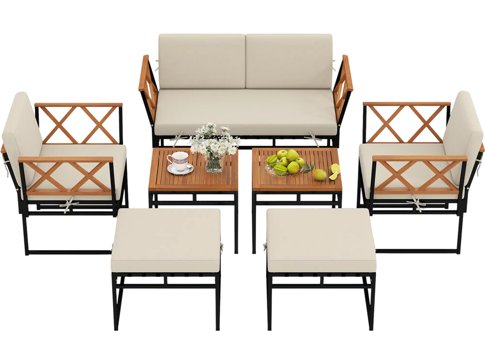 7-piece outdoor conversation set featuring beige cushions, acacia wood accents, and a sturdy metal frame for backyard.